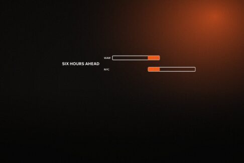 Two working-day bars for Warsaw and New York, offset by six hours, with the shared hours highlighted in orange