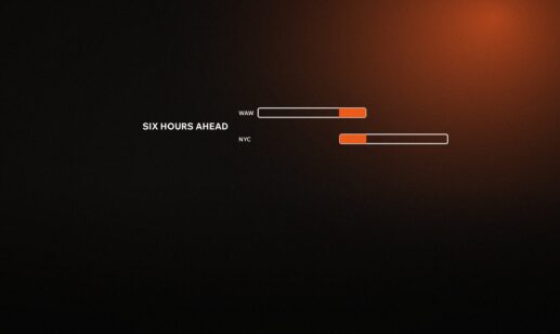 Two working-day bars for Warsaw and New York, offset by six hours, with the shared hours highlighted in orange